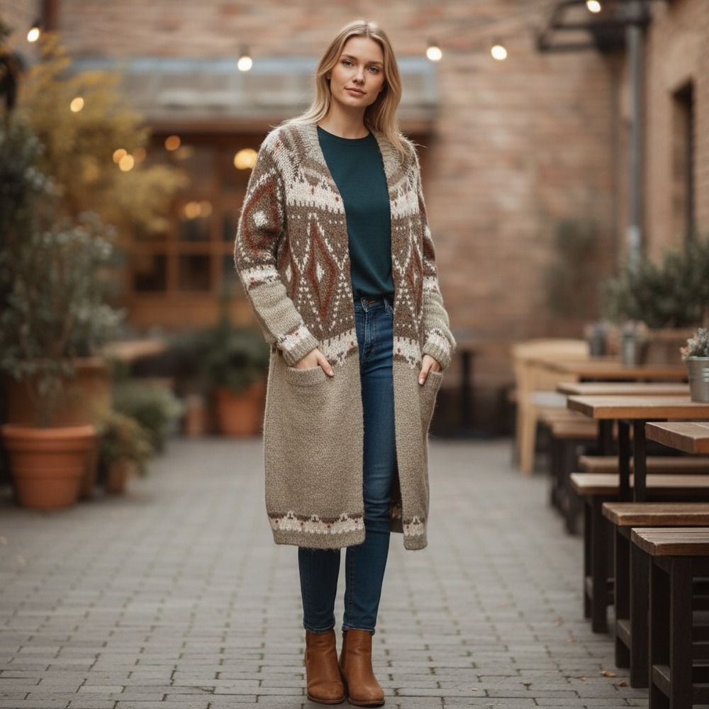 Free People Mohair Wool Blend Geometric Diamond Duster Cardigan Sweater Tan‎ M